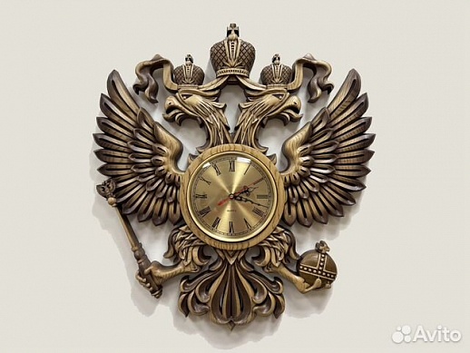 Часы герб РФ резной из дерева ясень Часы герб РФ резной из дерева ясень