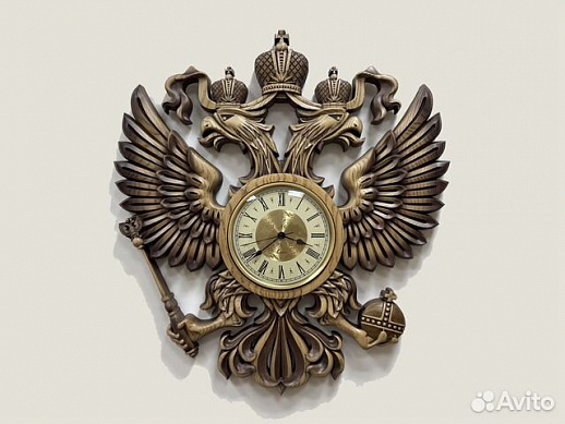 Часы герб РФ резной из дерева ясень Часы герб РФ резной из дерева ясень