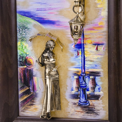 Бронзовая картина "Девушка с зонтом. Набережная. Парусники"