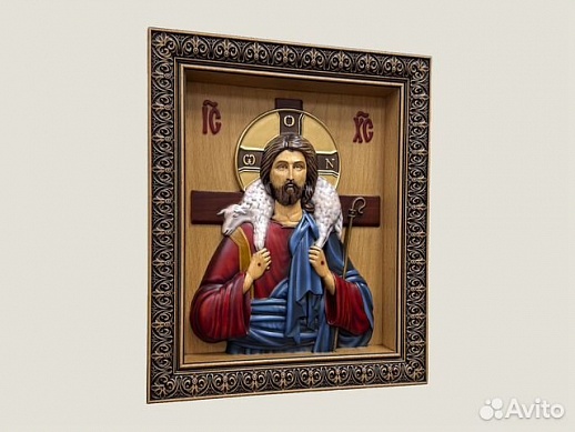Спас Добрый Пастырь резная икона из дерева Спас Добрый Пастырь резная икона из дерева