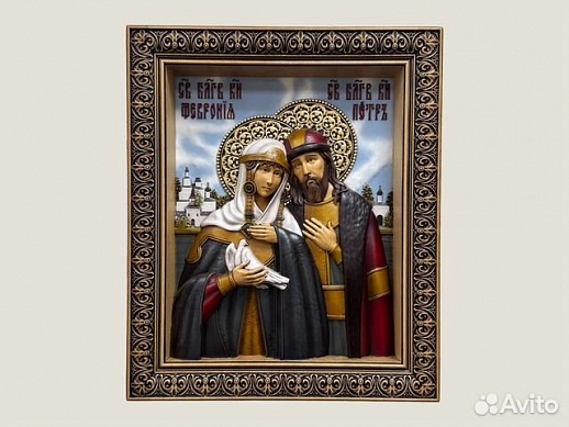 Икона резная из дерева Святые Петр и Феврония Икона резная из дерева Святые Петр и Феврония